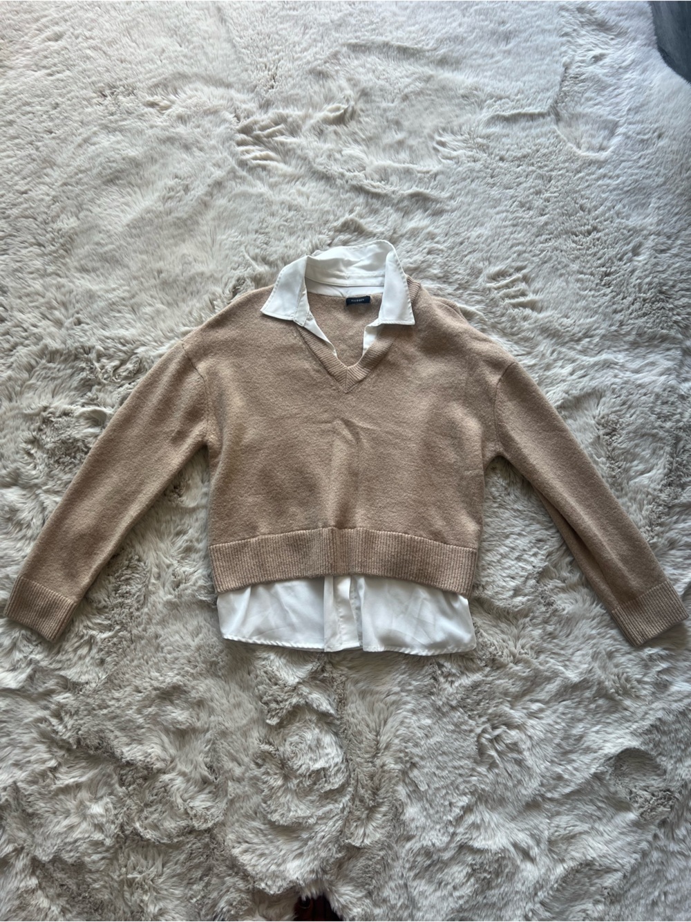 Women’s  Beige Knit Pullover with White Shirt Layer